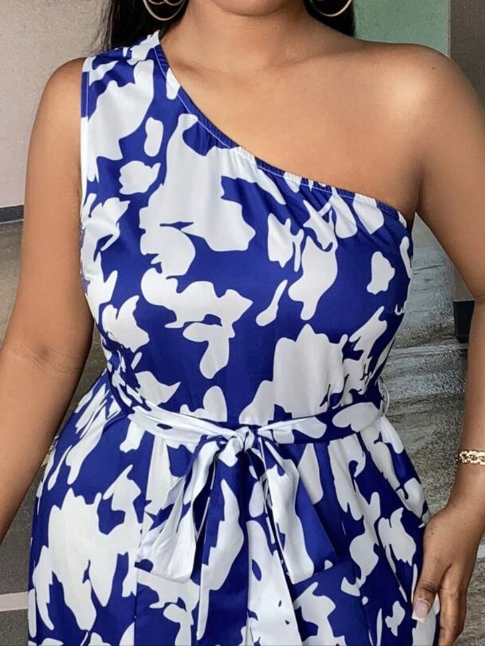One-Shoulder Blue and White Floral Midi Dress